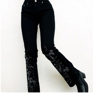 Cache Black Embroidered embellished Boot Cut Jeans y2k vintage
